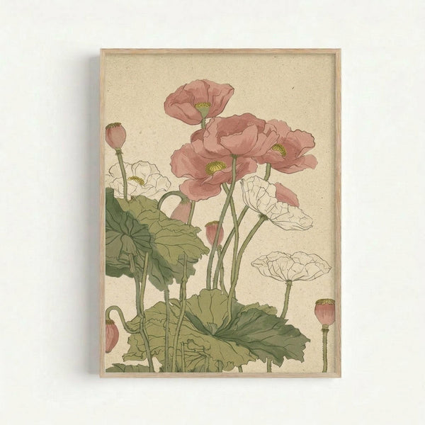 Vintage botanical illustration featuring pink and white poppies with green foliage on cream textured paper, displayed in a light wooden frame against a white wall. The artwork shows delicate watercolor-style flowers in various stages of bloom, including buds and open blossoms with visible yellow centers.