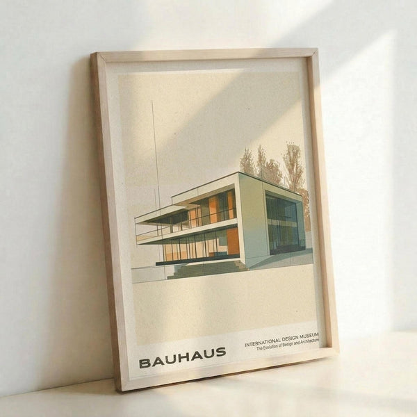 May include: Framed modernist architectural poster featuring a geometric mid-century house design in muted green, orange and blue tones against cream background. Natural wood frame leans against white wall with soft natural lighting creating diagonal shadows across the minimalist artwork.