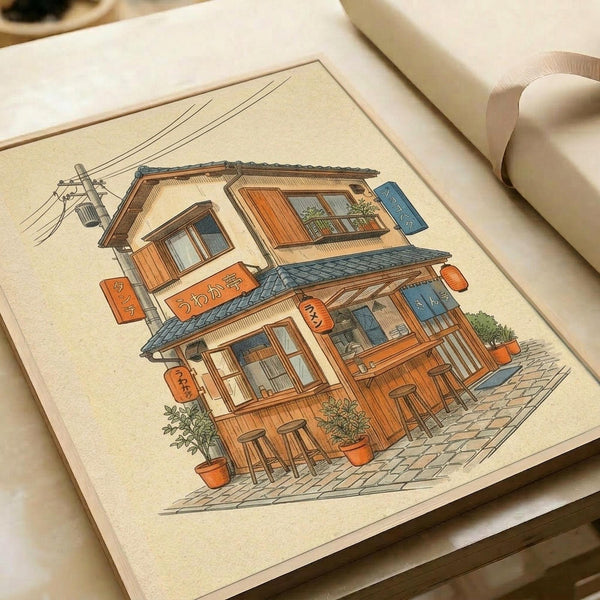 Detailed illustration of a traditional Japanese two-story building with wooden architecture, blue tile roof, and warm orange-brown tones. The structure features large windows, outdoor seating with wooden stools, potted plants, and Japanese signage in orange and blue banners. Power lines cross overhead. The artwork is rendered in a vintage architectural drawing style on cream paper, shown in an open book or portfolio against a neutral background.
