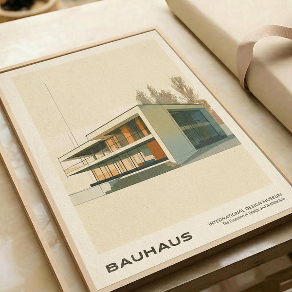 May include: Modern architectural poster showing two-story glass and concrete building in muted green, orange and blue tones. Print features Bauhaus text and International Design Museum subtitle at bottom. Displayed on cream paper with beige ribbon beside it on neutral surface.