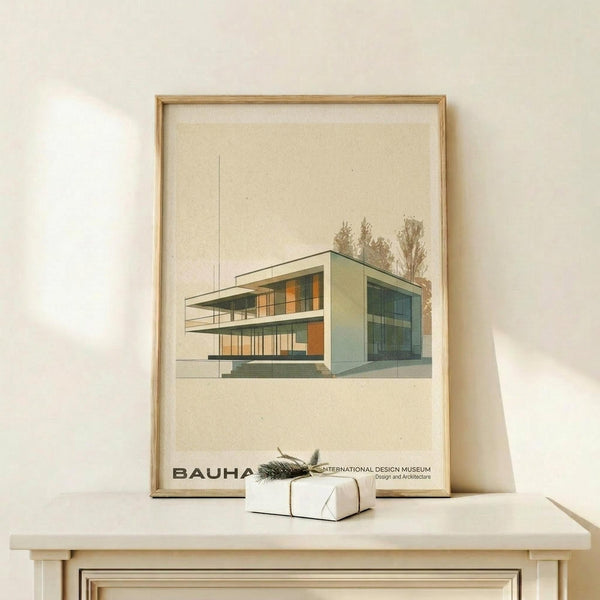 May include: Framed architectural poster featuring a modernist building design with clean geometric lines, glass panels, and colorful orange and teal accents. The cream-colored print shows "BAUHAUS" and "International Design Museum" text below the building illustration. Displayed on a light wood shelf against a white wall with a small wrapped gift box nearby. Natural lighting creates soft shadows on the minimal, Scandinavian-style interior setting.