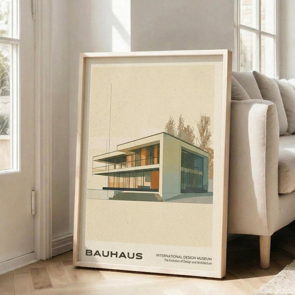May include: A framed poster featuring a modernist architectural building illustration in muted green, orange and beige tones with "BAUHAUS" and "International Design Museum" text at bottom. The cream-colored print is displayed in a light wood frame, leaning against white walls near large windows in a bright living room with a beige sectional sofa and light hardwood floors.