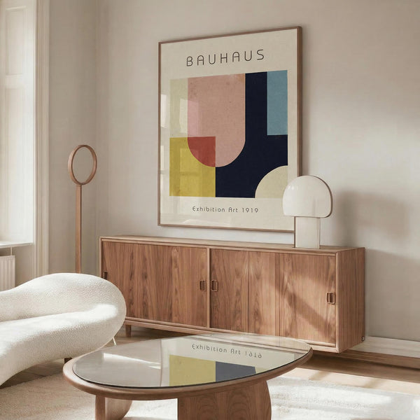 May include: Framed Bauhaus-style poster with geometric shapes in pink, yellow, navy, and blue hanging above a wooden credenza. Modern living room setting with white curved chair, round glass coffee table, mushroom table lamp, and floor lamp. Warm natural lighting creates shadows on cream walls.
