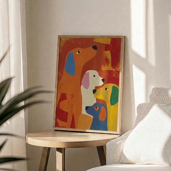 May include: Framed colorful dog illustration artwork displayed on round wooden side table next to beige upholstered chair. The abstract-style painting features four stylized dogs in vibrant colors including orange, blue, yellow, white, and red against a warm red background. Natural sunlight streams across the minimalist room setting with white walls and a houseplant visible in the corner.