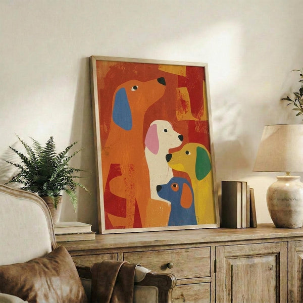 May include: Framed colorful abstract dog illustration artwork displayed on rustic wooden sideboard in modern living room setting. Four stylized dog silhouettes in vibrant orange, blue, yellow, and red geometric shapes with textured brushstroke background. Light wood frame, positioned beside fern plant, books, and ceramic pottery on weathered console table with beige armchair visible.