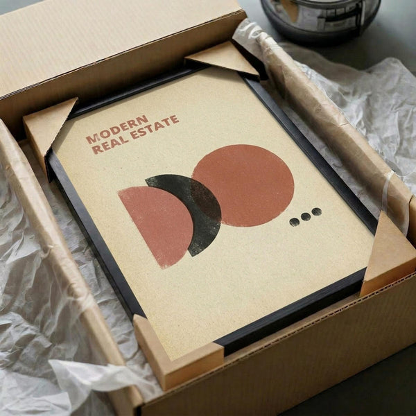 May include: Framed poster with abstract geometric design featuring overlapping coral pink and dark green semicircles on cream background, displayed in black frame inside cardboard shipping box with protective tissue paper and wooden dowels
