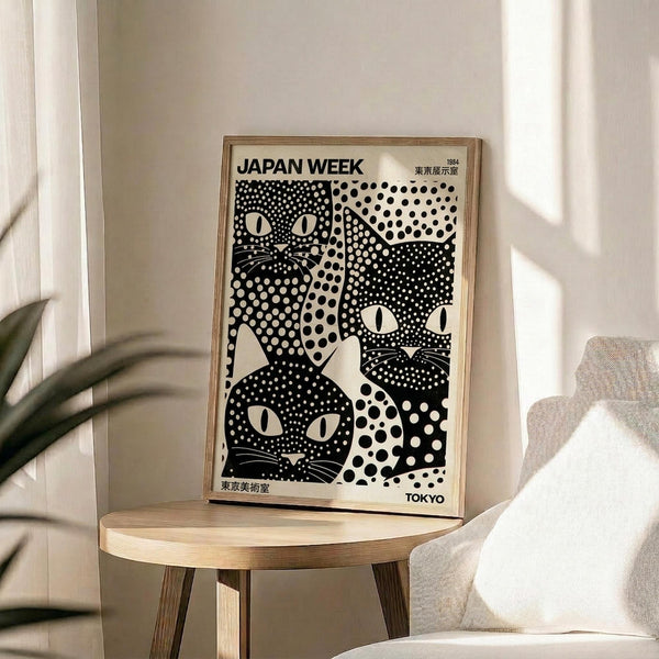 May include: Black and white vintage-style poster featuring stylized cats with polka dot patterns and large eyes, displayed in wooden frame on round wooden side table next to beige upholstered chair. Soft natural lighting creates shadows on neutral wall background, with green plant leaves visible in corner of minimalist room setting.