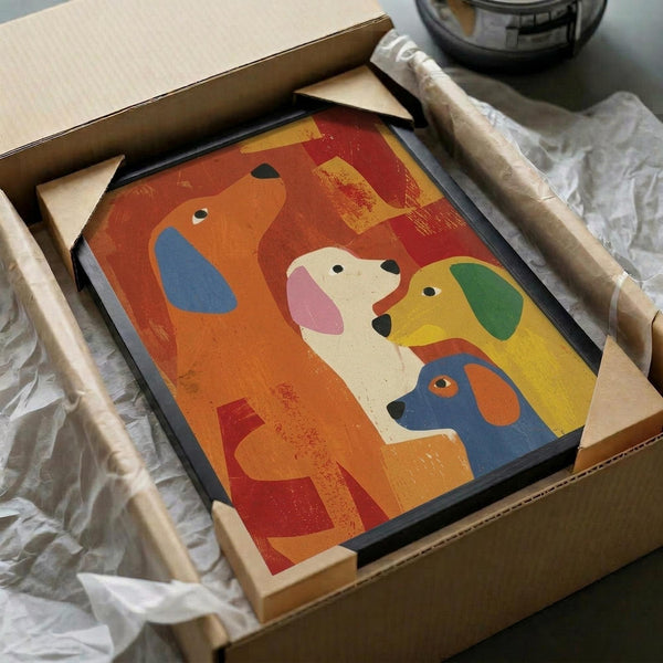 May include: Colorful abstract dog illustration artwork in black frame, packed in cardboard shipping box with protective tissue paper. Four stylized dogs in orange, white, yellow and blue with geometric shapes and vintage texture effects on warm red-orange background. Wooden corner protectors visible in packaging.