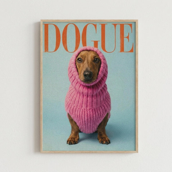 A dachshund wearing a pink knitted hoodie sits against a light blue background on a framed poster print. The dog's brown and tan face peeks out from the ribbed pink sweater that covers its head and body. Orange text reading "DOGUE" appears at the top in a magazine-style layout. The artwork is displayed in a light wood frame against a white wall.