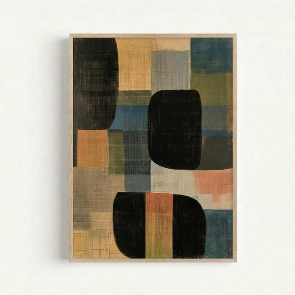Framed abstract geometric artwork with overlapping black rounded rectangles on a background of colorful translucent squares and rectangles in orange, blue, teal, coral, olive, and gray tones. The piece has a textured, painted appearance and is displayed in a light wood frame against a white wall.