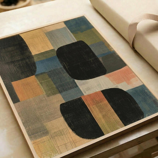 May include: Abstract geometric poster print displayed on white paper with cream-colored tube nearby. Artwork features overlapping rounded rectangular shapes in black, coral pink, sage green, dusty blue, and cream arranged in a grid-like composition with visible brush texture and muted earth tones.