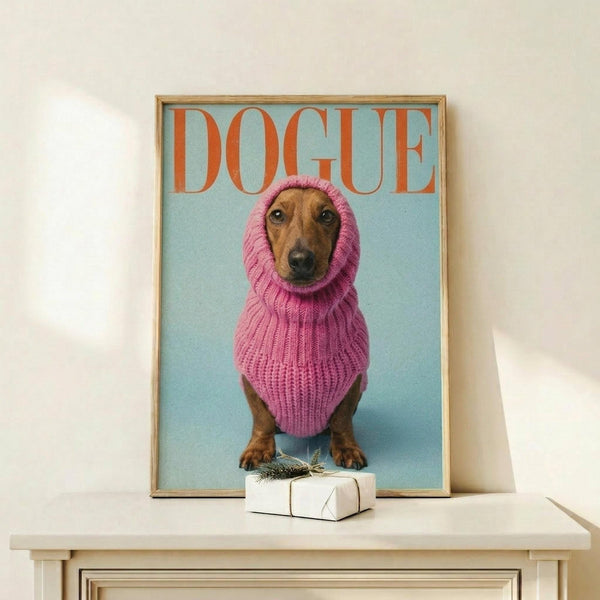 May include: Framed poster print featuring a brown dachshund wearing a pink knit hoodie on a light blue background, styled as a fashion magazine cover with "DOGUE" in orange letters. The wooden-framed artwork is displayed on a light wood shelf beside a small white gift box tied with twine and greenery, against a white wall.