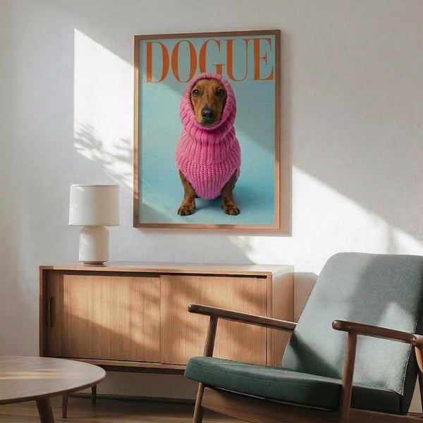 May include: Framed poster print featuring a dachshund dog wearing a bright pink knitted hooded sweater against a turquoise background, with "DOGUE" text in orange letters at top. Print displayed above mid-century modern wood credenza with white ceramic lamp, next to sage green upholstered armchair with wooden frame in bright, sunlit room with white walls.