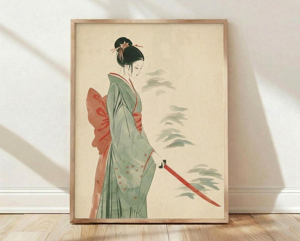 May include: Framed Japanese-style artwork showing a woman in a pale green kimono with coral obi sash, holding a red katana sword. She has dark hair in a traditional updo with ornamental hairpin. Soft watercolor technique with muted background featuring stylized clouds or foliage. Natural wood frame displayed against white textured wall on light wooden flooring with gentle shadows.
