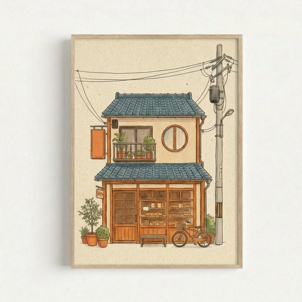 A framed illustration of a charming two-story Japanese building with blue tile roofs and warm orange walls. The ground floor shows a traditional bakery storefront with wooden display cases filled with bread and pastries, while the upper floor features a small balcony with potted plants and a round window. A bicycle sits beside potted plants at street level, with power lines and a utility pole visible. The artwork has a cozy, hand-drawn style with muted colors on cream paper in a light wood frame