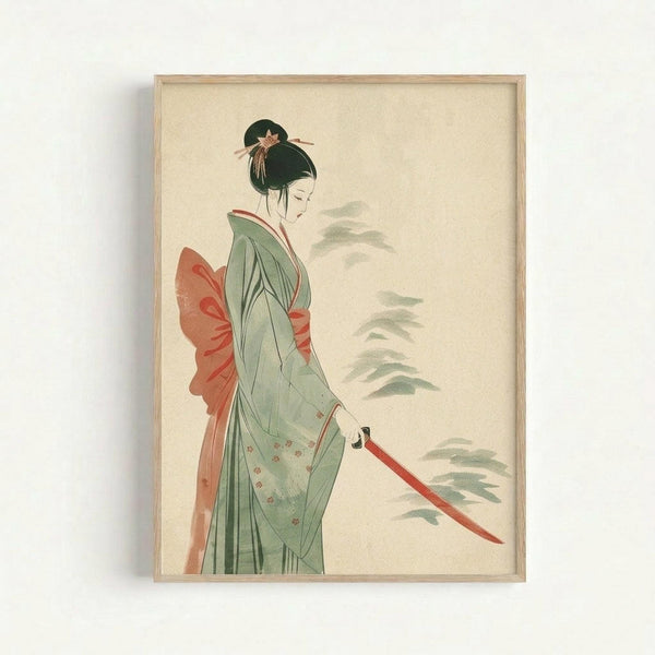 May include: Framed Japanese-style artwork print mounted on white wall. Shows woman in flowing green kimono with coral red obi sash, dark hair in traditional updo with ornamental pins, holding red-handled katana sword. Delicate brushstroke technique with muted green foliage in background. Light wood frame against cream-colored paper or canvas texture.