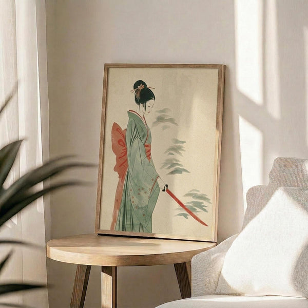 May include: Framed Japanese-style artwork displayed on a round wooden side table next to a beige upholstered chair. The print features a woman in a flowing green kimono with coral-red obi sash, holding a red katana sword. Her dark hair is styled in a traditional updo with decorative pins. Soft pine trees appear in the misty background on cream-colored paper. Natural sunlight streams across the neutral-toned room setting with a potted plant visible in the corner.
