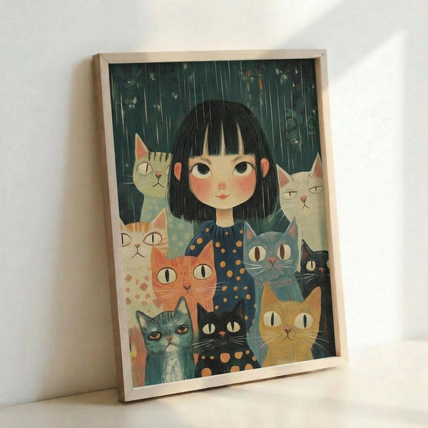 May include: Framed art print leaning against white wall showing young girl with black bob haircut and rosy cheeks wearing navy polka dot dress, surrounded by eight stylized cats in various colors including orange tabby, gray, white, black, and teal. Rain falls in background with dark green sky. Illustration has whimsical, folk art style with muted colors and gentle expressions. Light wood frame visible.