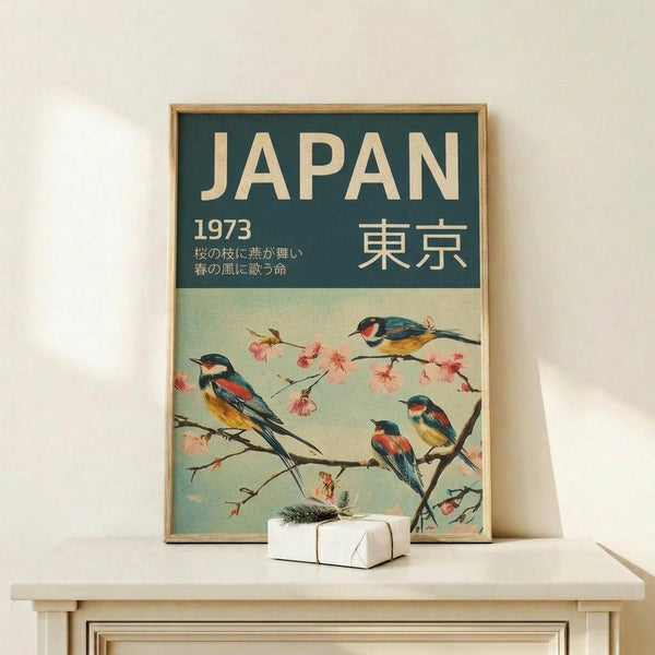 May include: Vintage-style travel poster featuring Japan with teal green header and cream text reading "JAPAN 1973" and Tokyo in Japanese characters. Four colorful birds with blue, orange and yellow plumage perch on cherry blossom branches with delicate pink flowers against a pale mint background. Displayed in light wood frame on white wooden shelf next to small white wrapped gift with evergreen sprig.