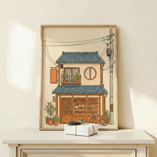 May include: Framed illustration of a charming two-story Japanese bakery with blue tile roof, wooden storefront displaying baked goods, small balcony with plants, round window, bicycle parked outside, and overhead power lines. The artwork has soft beige tones and sits on a light wood shelf next to a small white wrapped gift against a cream wall.
