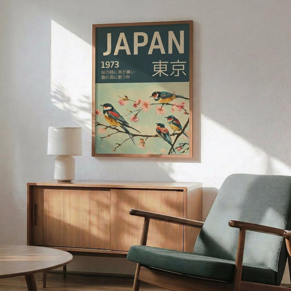 May include: vintage-style travel poster featuring colorful birds perched on cherry blossom branches against mint green background, displayed in wooden frame above mid-century modern walnut credenza with white ceramic lamp, beside teal upholstered armchair with wood arms in bright living room with white walls and natural sunlight