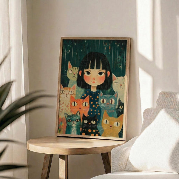 May include: Framed poster print displayed on round wooden side table next to beige upholstered chair. Artwork shows young girl with black bob haircut and polka dot dress surrounded by multiple colorful cats in various shades of orange, blue, and gray against teal background with rain. Natural lighting creates soft shadows across white wall. Plant leaves visible in corner.