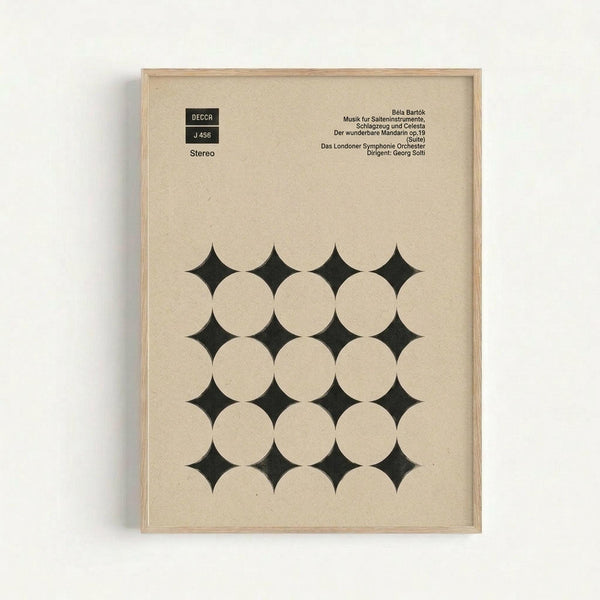 Framed vintage album cover poster featuring geometric pattern of overlapping circles creating four-pointed star shapes in dark green against cream background. Text at top shows "DECCA J 458 Stereo" and German text about Béla Bartók compositions performed by London Symphony Orchestra. Light wood frame mounted on white wall with subtle shadow.