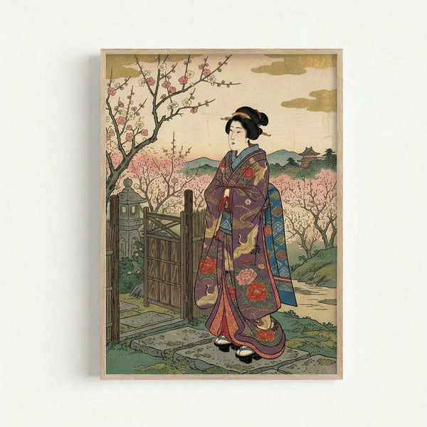 Vintage Japanese woodblock print showing a woman in an elaborate purple and red kimono with floral patterns standing on stone steps near a wooden gate. Cherry blossom trees with pink and white flowers frame the scene, with rolling hills and traditional architecture visible in the background. The artwork features muted earth tones and delicate line work characteristic of Meiji period ukiyo-e style, displayed in a light wooden frame against a white wall.