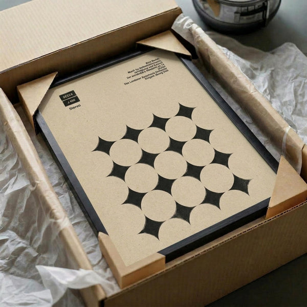 May include: Minimalist geometric poster with cream background and black diamond-shaped pattern created by overlapping circles, displayed in black frame inside cardboard shipping box with protective tissue paper and wooden dowels for rolled shipping storage.