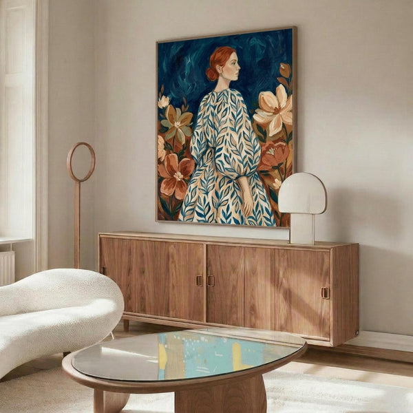 May include: Modern living room mockup showing framed botanical portrait of red-haired woman in blue leaf-patterned dress surrounded by coral and peach flowers against deep blue background, displayed above walnut credenza with white sculptural lamp and chair, oval glass coffee table in foreground