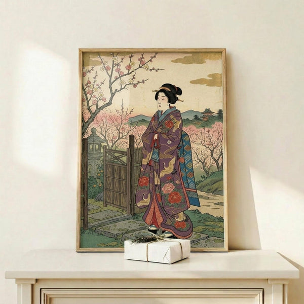 May include: Japanese woodblock print artwork in wooden frame showing woman in ornate purple and floral kimono standing by wooden gate, with cherry blossom trees and mountains in background, displayed on light wood shelf next to small white wrapped gift against cream wall