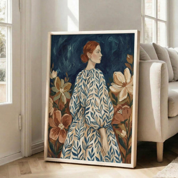 May include: Framed portrait artwork leaning against white wall beside beige armchair in bright living room. Shows red-haired woman in profile wearing blue and cream leaf-patterned dress against dark navy background with large brown and cream magnolia flowers. Natural wood frame, approximately 2-3 feet tall, positioned on light wooden floor near windows with natural lighting.