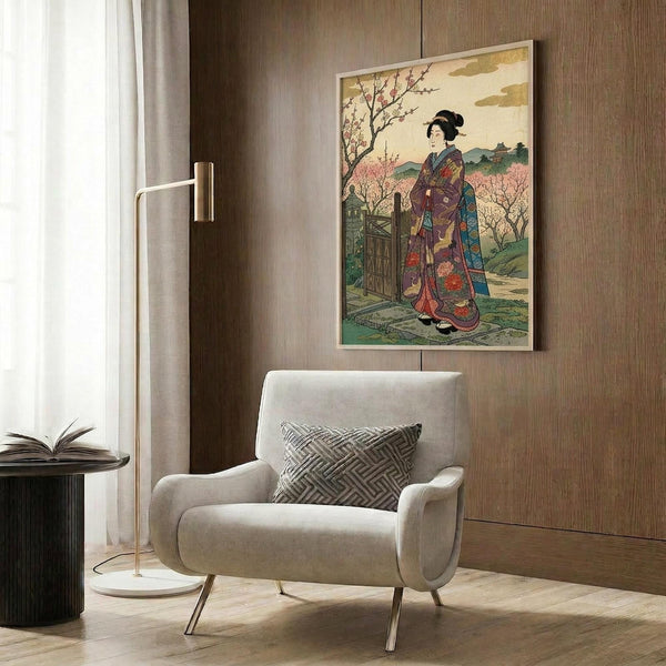 May include: Japanese woodblock print artwork displayed in modern living room with beige armchair, geometric pillow, brass floor lamp, and dark wood paneling. Print shows woman in colorful kimono standing by wooden gate with cherry blossoms and mountains in background, rendered in traditional ukiyo-e style with soft pastels and earth tones.