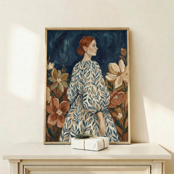 May include: Framed portrait painting of a woman in profile with auburn hair in a bun, wearing a cream dress with blue leaf pattern. She's surrounded by large coral and peach colored flowers against a dark teal background. The artwork is displayed in a natural wood frame on a light wooden shelf alongside a small wrapped gift and white ceramic vase on a cream wall.