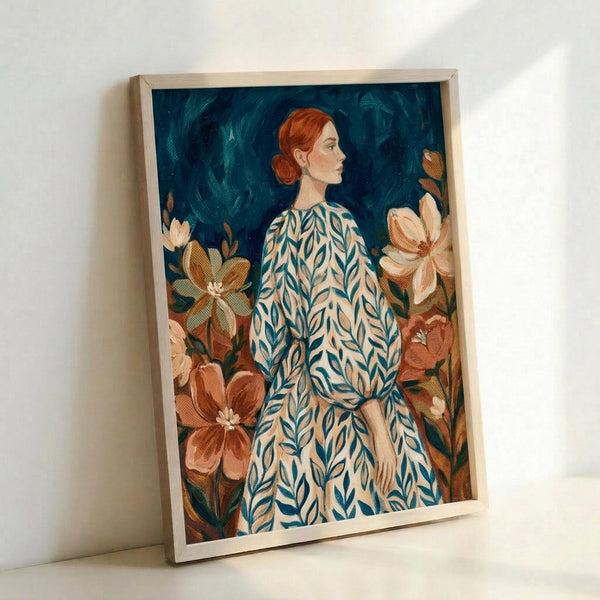 May include: Framed botanical portrait artwork leaning against white wall showing red-haired woman in profile wearing blue and cream leaf-patterned dress, surrounded by large orange and cream magnolia flowers against deep teal background, displayed in light wood frame