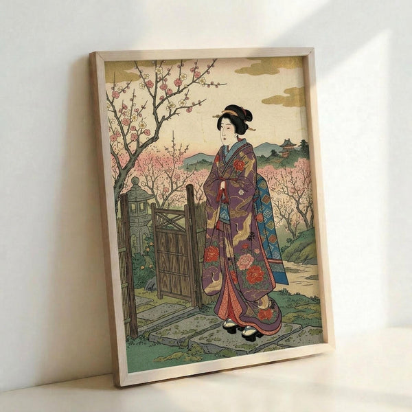 May include: A framed vintage Japanese woodblock print showing a woman in an ornate purple and floral kimono standing near a wooden gate. Cherry blossom trees with pink blooms surround her, with mountains and traditional buildings in the background. The artwork has soft, muted colors and traditional ukiyo-e style. The print is displayed in a light wooden frame leaning against a white wall.