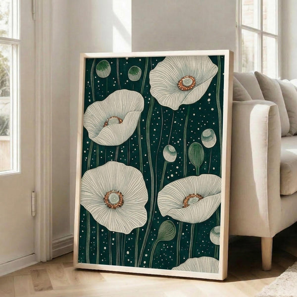 May include: Framed botanical art print leaning against white wall next to beige upholstered chair in bright living room. The artwork features large white poppy flowers with detailed centers on deep emerald green background with white dots, displayed in light wood frame on hardwood floor near tall windows.
