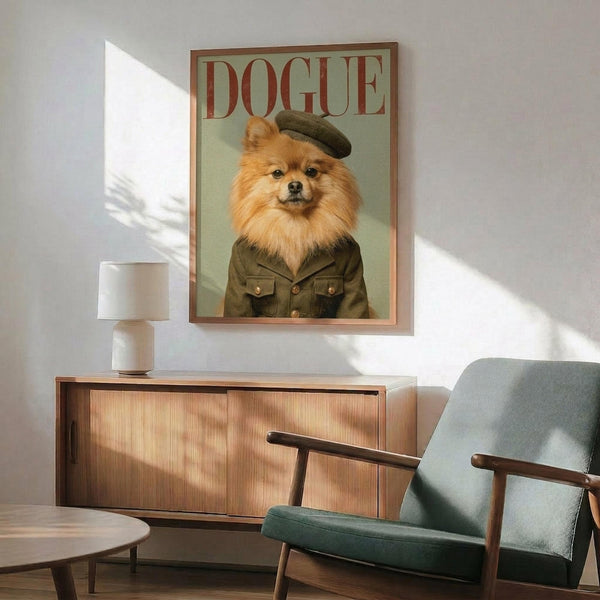 May include: Framed poster featuring a fluffy orange Pomeranian dog wearing olive green military-style jacket and beret, styled as vintage fashion magazine cover with "DOGUE" text in red letters. Displayed above wood sideboard with white ceramic lamp in modern living room setting with mint green upholstered chair and round coffee table.