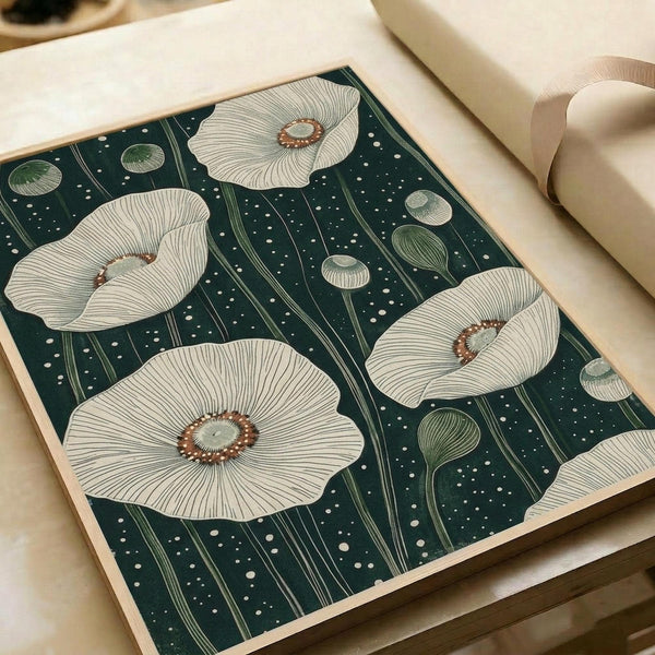 May include: Vintage botanical art print featuring white poppies with detailed line work on dark green background with white dots, displayed in light wood frame on white bedding next to cream ribbon, showing elegant floral illustration in muted earth tones with intricate petal texturing and long stems.