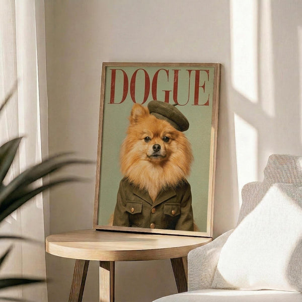 May include: Framed poster featuring a fluffy orange Pomeranian dog wearing a green military-style beret and matching olive uniform jacket against a sage green background, with "DOGUE" text in red letters at top. The wooden-framed artwork sits on a round natural wood side table next to a cream upholstered chair, with soft natural lighting and a potted plant visible in the corner of a minimalist white room.