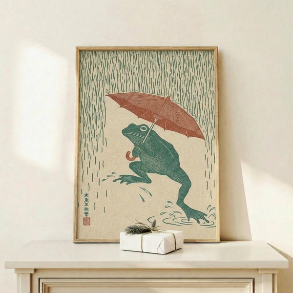 May include: Framed vintage-style Japanese woodblock print featuring a green frog holding a reddish-brown umbrella in falling rain, displayed on a light wood console table next to a small wrapped gift with evergreen sprig. The artwork shows detailed line work with rain drops falling around the frog, Japanese characters in bottom corner, and cream-colored background, all in a natural wood frame against white wall.