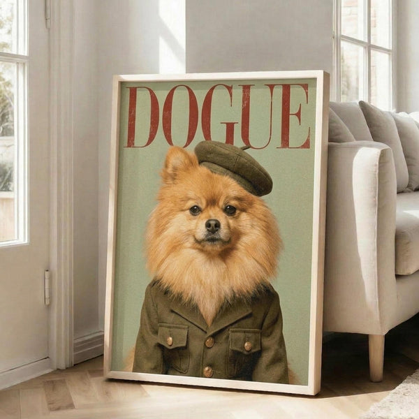 May include: Framed poster print featuring a fluffy orange Pomeranian dog wearing an olive green military-style jacket and matching beret against a mint green background, with "DOGUE" text in red vintage lettering at top. White wooden frame displayed on light hardwood floor next to beige upholstered chair in bright, windowed living room setting.