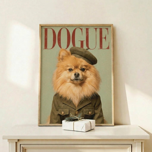 May include: Framed poster print on white shelf showing orange Pomeranian dog wearing olive green military-style jacket and beret against sage green background. Red "DOGUE" text at top mimics fashion magazine cover style. Small white wrapped gift box with greenery sits in front of frame. Light wooden frame complements neutral wall and shelf styling.