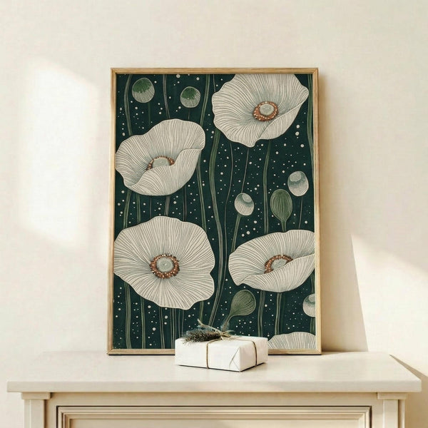 May include: Framed botanical art print displayed on light wood console table with small wrapped gift box. Artwork features white poppies with detailed petals and brown centers against dark green background with white dots, resembling vintage Japanese illustration style. Natural wood frame complements minimal home decor setting with cream walls.