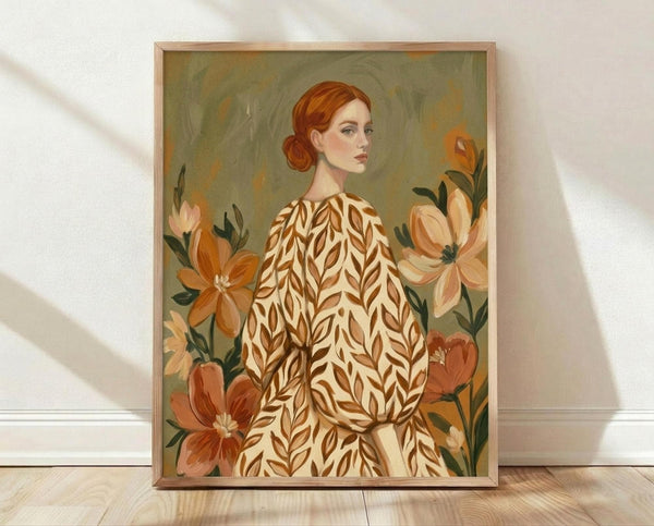 May include: Framed art print featuring a woman with auburn hair in a low bun, wearing a cream dress with brown leaf pattern, surrounded by orange and coral flowers. The illustration has a vintage botanical style with muted green background. Light wood frame sits on wooden floor against white wall with natural window lighting creating soft shadows.