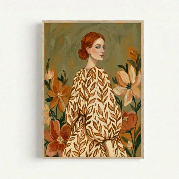 Framed botanical portrait painting of a woman with red hair in a low bun, wearing a cream dress with brown leaf pattern. She's surrounded by large orange and peach flowers with green foliage against an olive green background. The artwork is displayed in a light wood frame on a white wall, showing warm earth tones throughout the composition.