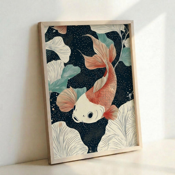 Framed poster artwork featuring a white and coral-colored koi fish swimming against a dark navy background dotted with small white spots. The fish is surrounded by flowing ginkgo leaves in cream, sage green, and coral tones with delicate line work. The print is displayed in a light wood frame leaning against a white wall, showing the artwork's botanical Japanese-inspired illustration style with soft, muted colors and organic flowing shapes.