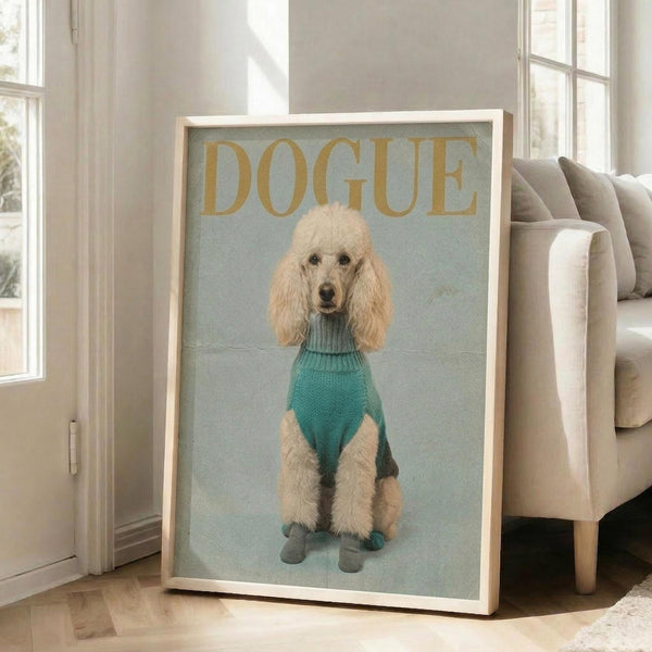May include: A framed poster featuring a cream-colored poodle wearing a teal knit sweater and matching booties, posed like a fashion model against a pale blue background with "DOGUE" text in golden letters at the top. The wooden-framed artwork leans against a white wall next to a beige upholstered chair in a bright, minimalist living room with large windows.