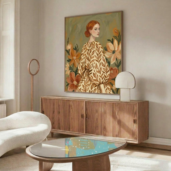 May include: Portrait painting of woman with red hair in floral patterned dress surrounded by orange and peach flowers, displayed above wooden sideboard in modern living room with white curved chair and glass coffee table. Warm earth tones throughout scene.