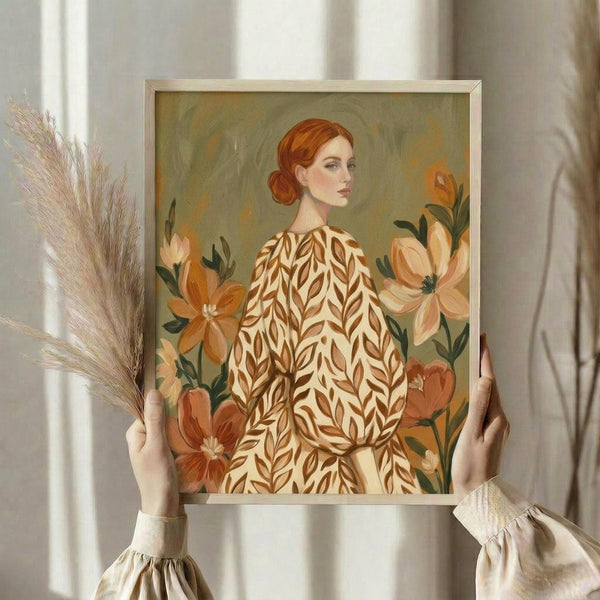 May include: Hands holding framed botanical artwork featuring red-haired woman in cream dress with brown leaf pattern, surrounded by orange and peach flowers against sage green background. Person also holds dried pampas grass stems. Artwork displayed in thin light wood frame against white curtained window.